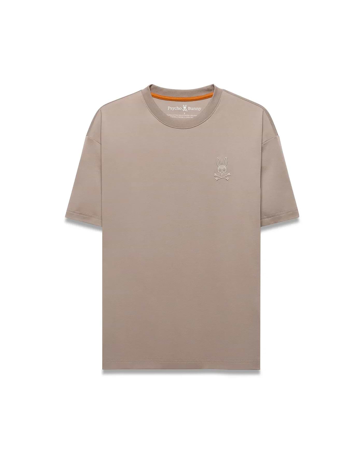 Men's Oscar Oversized Tee in taupe, featuring a relaxed fit, smooth jersey fabric, and a small embroidered white Psycho Bunny skull logo on the left chest with an orange inner neckline. (5)