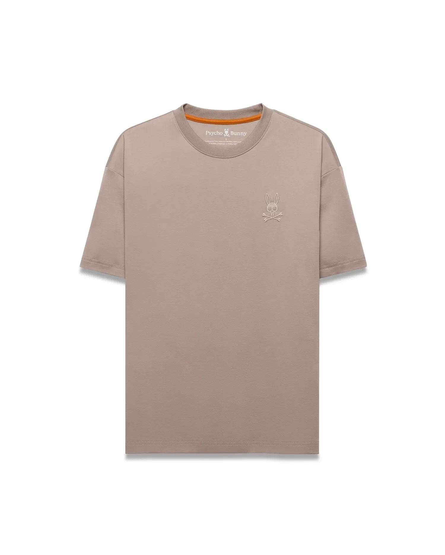Men's Oscar Oversized Tee in taupe, featuring a relaxed fit, smooth jersey fabric, and a small embroidered white Psycho Bunny skull logo on the left chest with an orange inner neckline. (5)