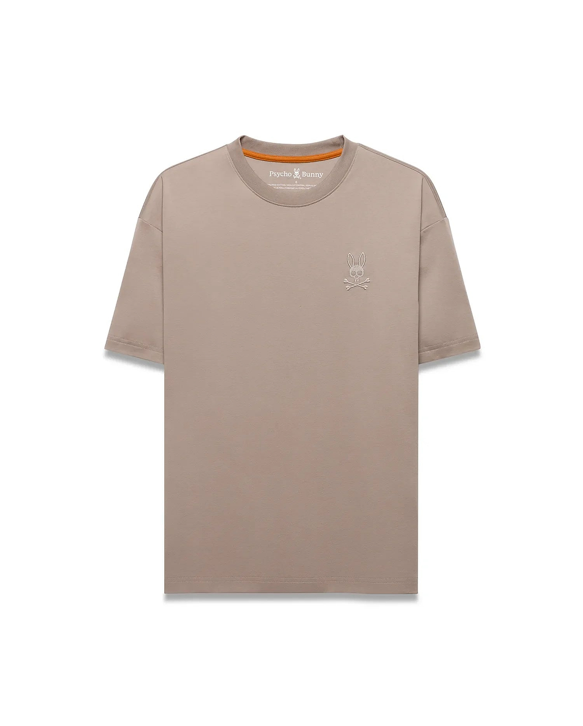 Men's Oscar Oversized Tee in taupe, featuring a relaxed fit, smooth jersey fabric, and a small embroidered white Psycho Bunny skull logo on the left chest with an orange inner neckline. (5)