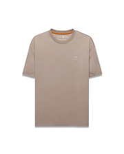 Men's Oscar Oversized Tee in taupe, featuring a relaxed fit, smooth jersey fabric, and a small embroidered white Psycho Bunny skull logo on the left chest with an orange inner neckline. (5)
