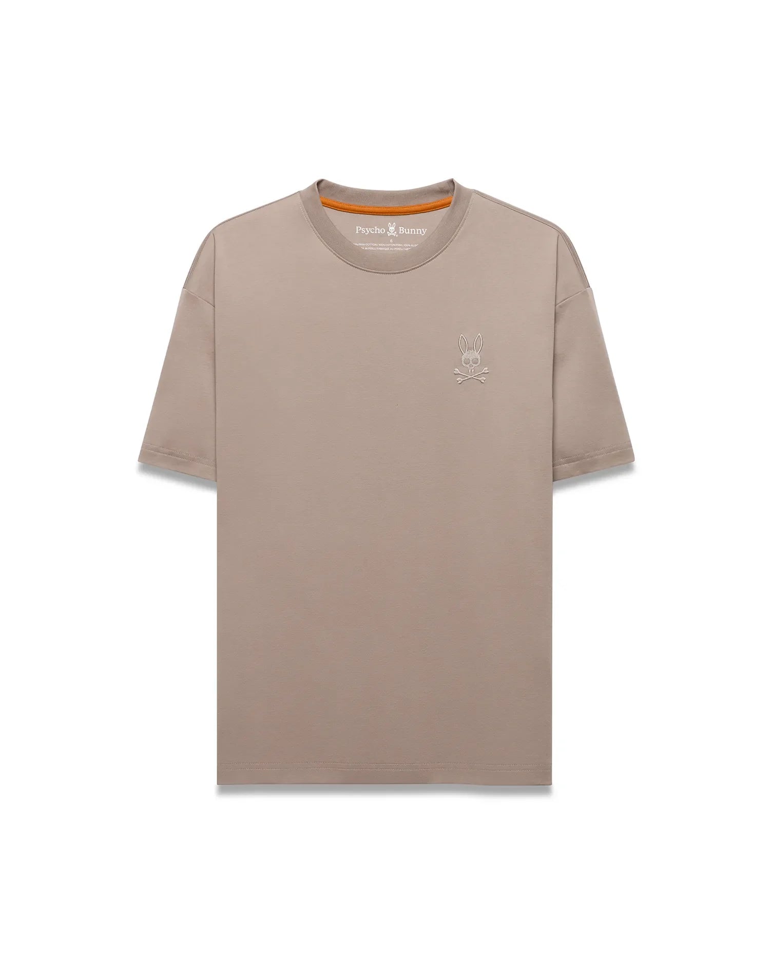 Men's Oscar Oversized Tee in taupe, featuring a relaxed fit, smooth jersey fabric, and a small embroidered white Psycho Bunny skull logo on the left chest with an orange inner neckline. (5)