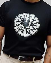 Mens Toby Graphic Tee, classic fit black jersey knit featuring a large central white and textured black Psycho Bunny skull and crossbones graphic, encircled by distressed PSYCHO BUNNY text.