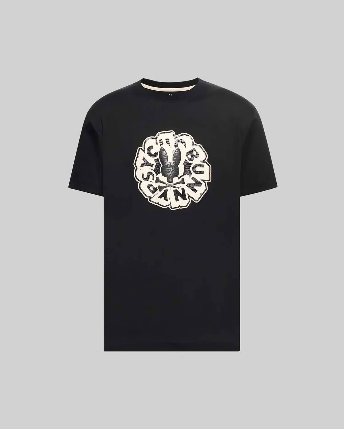 Mens Toby Graphic Tee, a black classic fit jersey t-shirt featuring a large distressed off-white and black circular graphic with the iconic Psycho Bunny skull logo and brand name on the chest.
