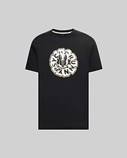 Mens Toby Graphic Tee, a black classic fit jersey t-shirt featuring a large distressed off-white and black circular graphic with the iconic Psycho Bunny skull logo and brand name on the chest.
