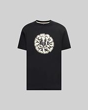 Mens Toby Graphic Tee, a black classic fit jersey t-shirt featuring a large distressed off-white and black circular graphic with the iconic Psycho Bunny skull logo and brand name on the chest.