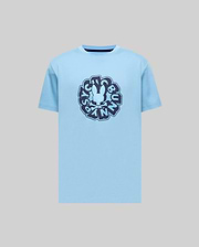 Mens Toby Graphic Tee, light blue, classic fit, smooth jersey knit, featuring a large central dark blue graphic print of the iconic Psycho Bunny skull logo and stylized text.