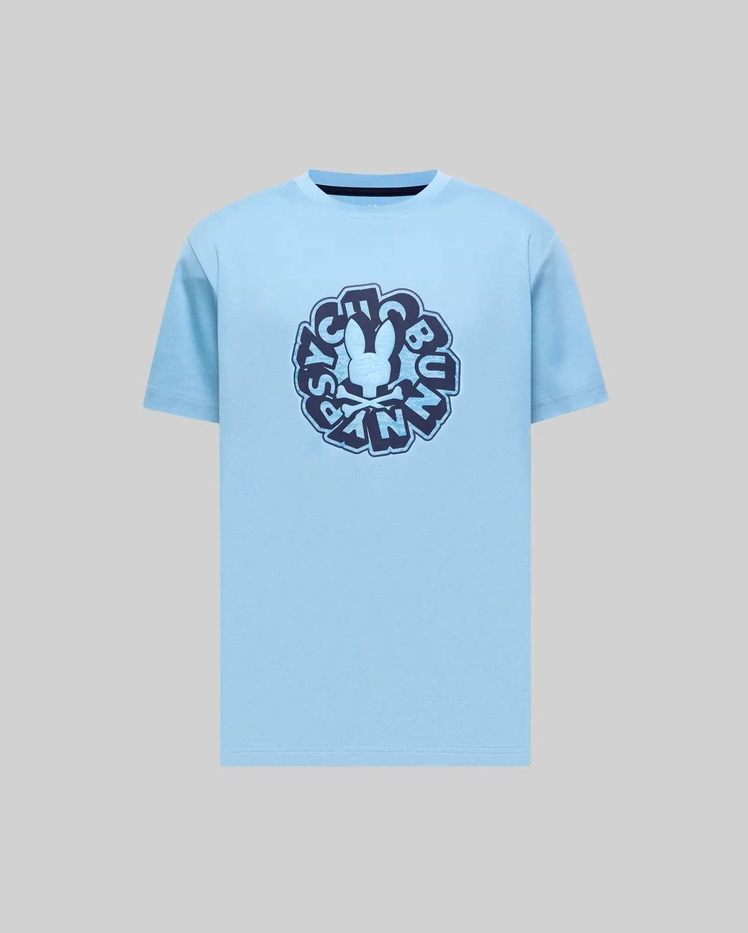 Mens Toby Graphic Tee, light blue, classic fit, smooth jersey knit, featuring a large central dark blue graphic print of the iconic Psycho Bunny skull logo and stylized text.