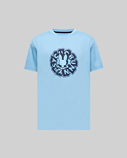 Mens Toby Graphic Tee, light blue, classic fit, smooth jersey knit, featuring a large central dark blue graphic print of the iconic Psycho Bunny skull logo and stylized text.