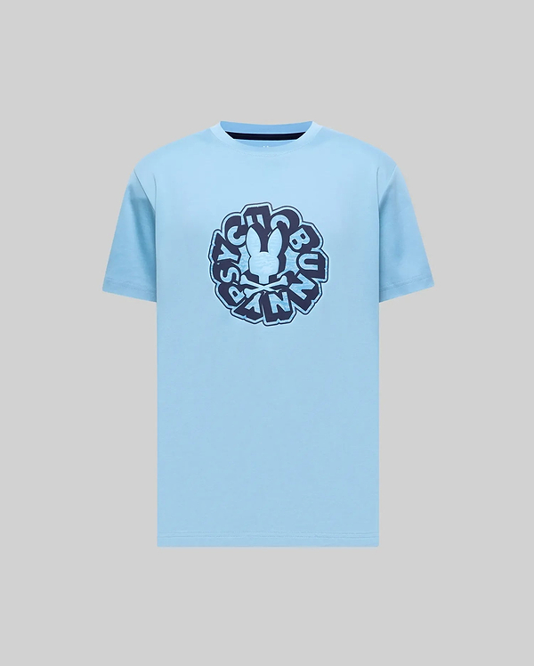 Mens Toby Graphic Tee, light blue, classic fit, smooth jersey knit, featuring a large central dark blue graphic print of the iconic Psycho Bunny skull logo and stylized text.