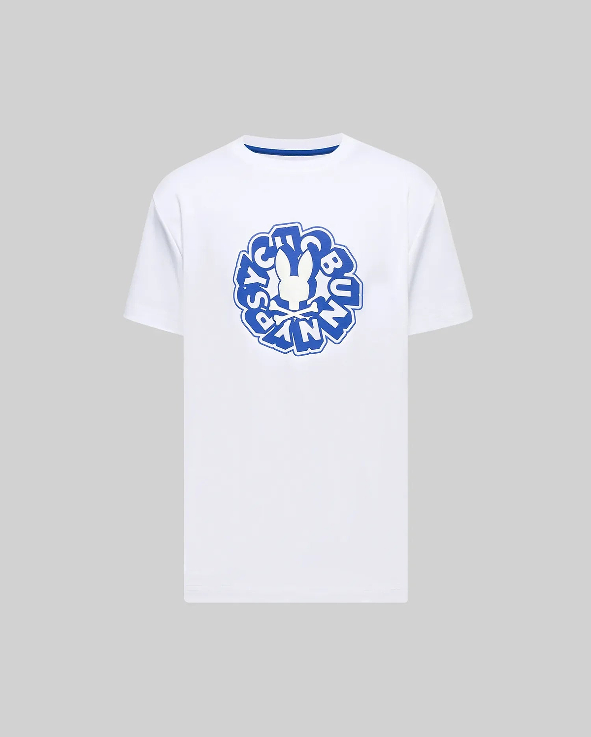 White Mens Toby Graphic Tee, classic fit jersey, with a large central royal blue circular graphic featuring the iconic Psycho Bunny skull and bold text, plus a blue inner collar. (1)