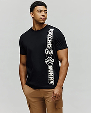 Mens Toby Wordmark Tee, black classic fit jersey knit t-shirt with a large vertical white Psycho Bunny wordmark and bunny skull graphic on the left side. (3)
