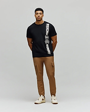 Mens Toby Wordmark Tee, a classic fit black jersey t-shirt featuring a large, vertical white Psycho Bunny wordmark and iconic bunny skull logo on the left side. (4)