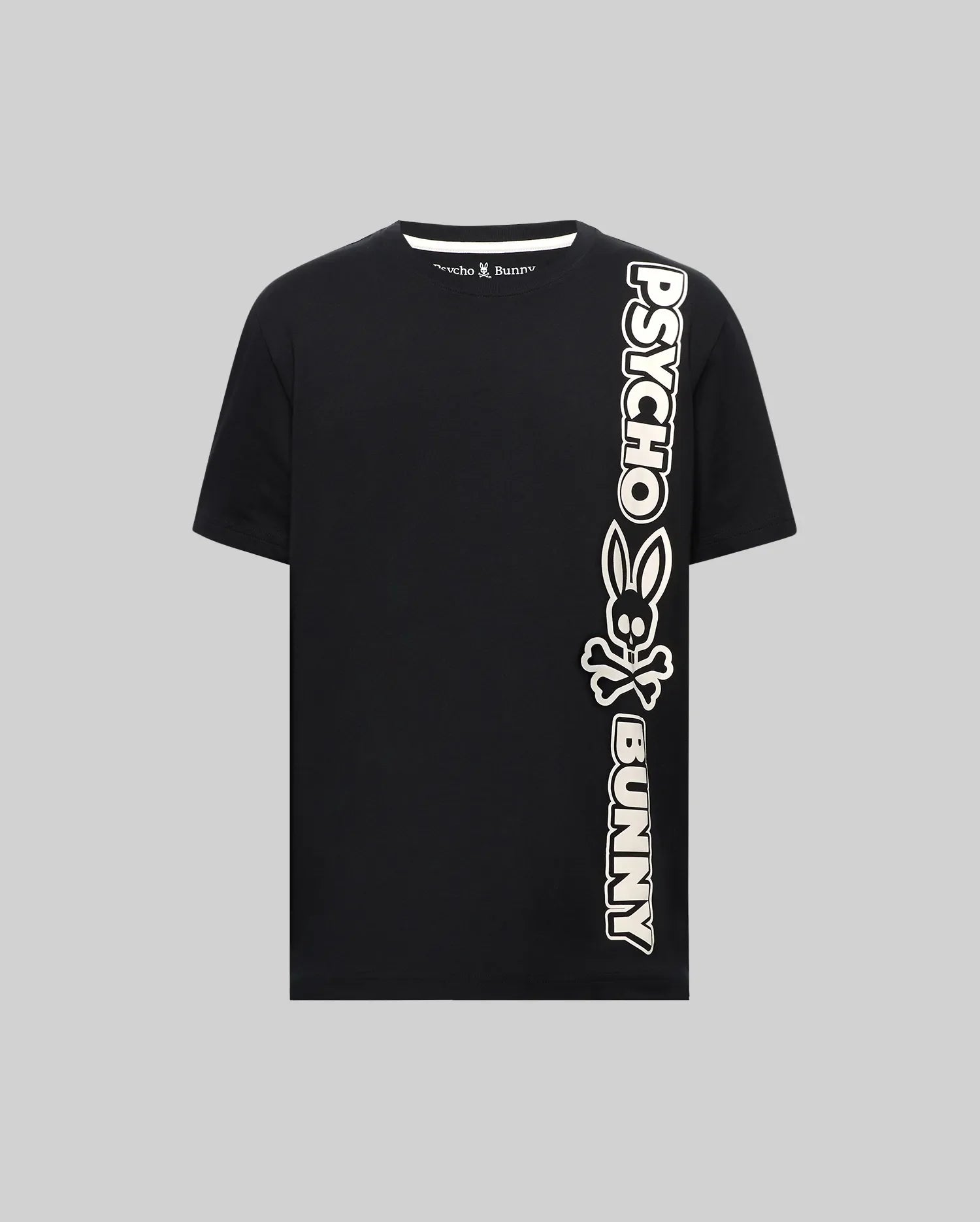 Black Mens Toby Wordmark Tee, a classic fit jersey t-shirt featuring a large cream vertical Psycho Bunny wordmark and iconic bunny skull logo graphic on the right side, with a small logo on the inner collar. (5)