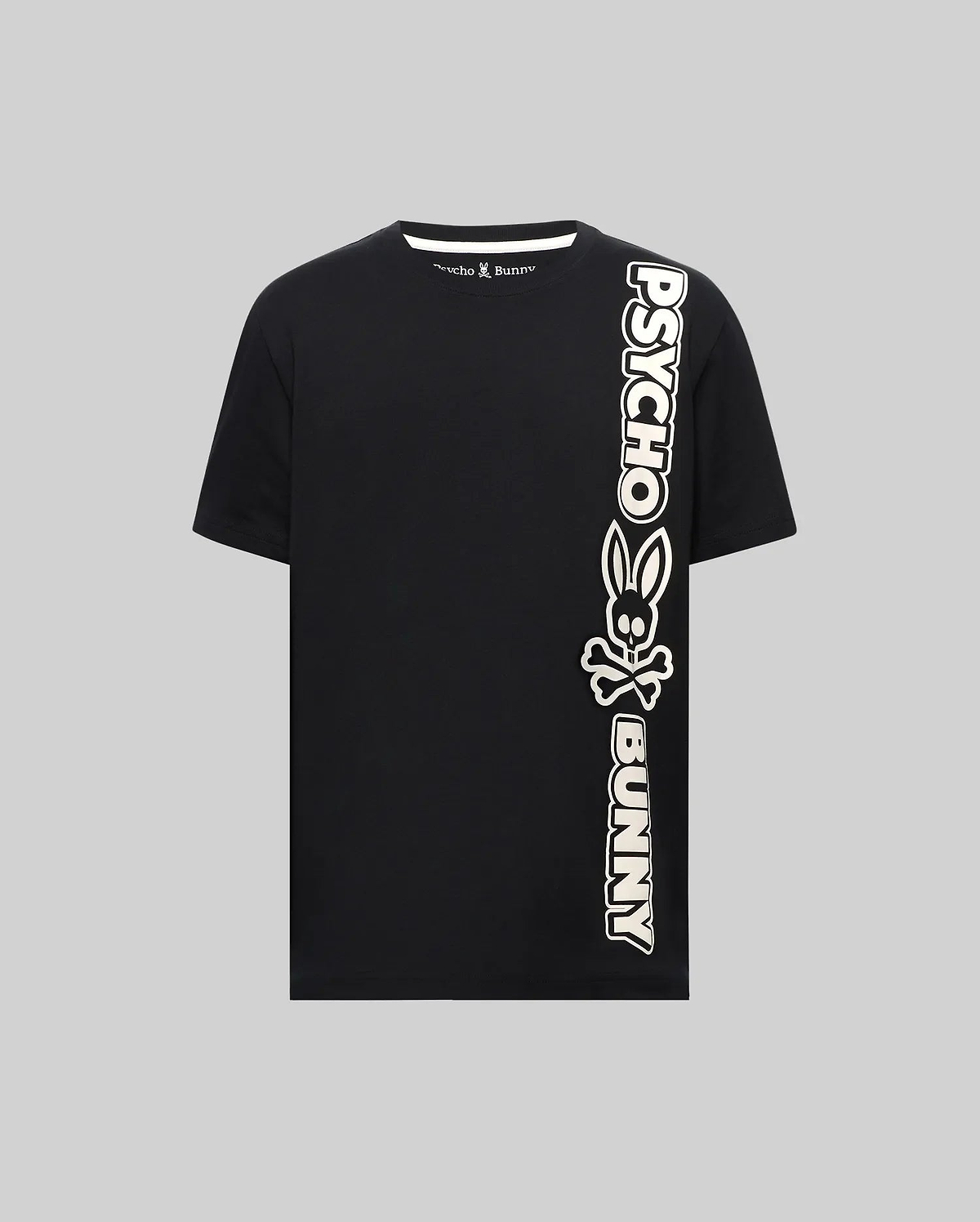 Black Mens Toby Wordmark Tee, a classic fit jersey t-shirt featuring a large cream vertical Psycho Bunny wordmark and iconic bunny skull logo graphic on the right side, with a small logo on the inner collar. (5)