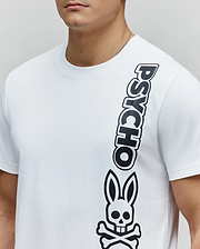 Mens Toby Wordmark Tee, a classic fit white jersey t-shirt featuring a large, vertical black Psycho wordmark and iconic bunny skull logo graphic on the right side. (2)