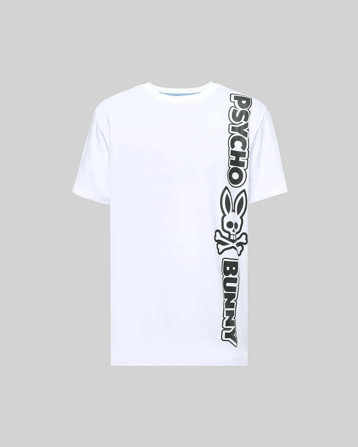 Mens Toby Wordmark Tee, a classic fit white jersey t-shirt with a large vertical black Psycho Bunny wordmark and iconic bunny skull logo graphic on the right side, with light blue neckline stitching. (5)