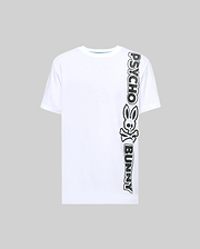 Mens Toby Wordmark Tee, a classic fit white jersey t-shirt with a large vertical black Psycho Bunny wordmark and iconic bunny skull logo graphic on the right side, with light blue neckline stitching. (5)