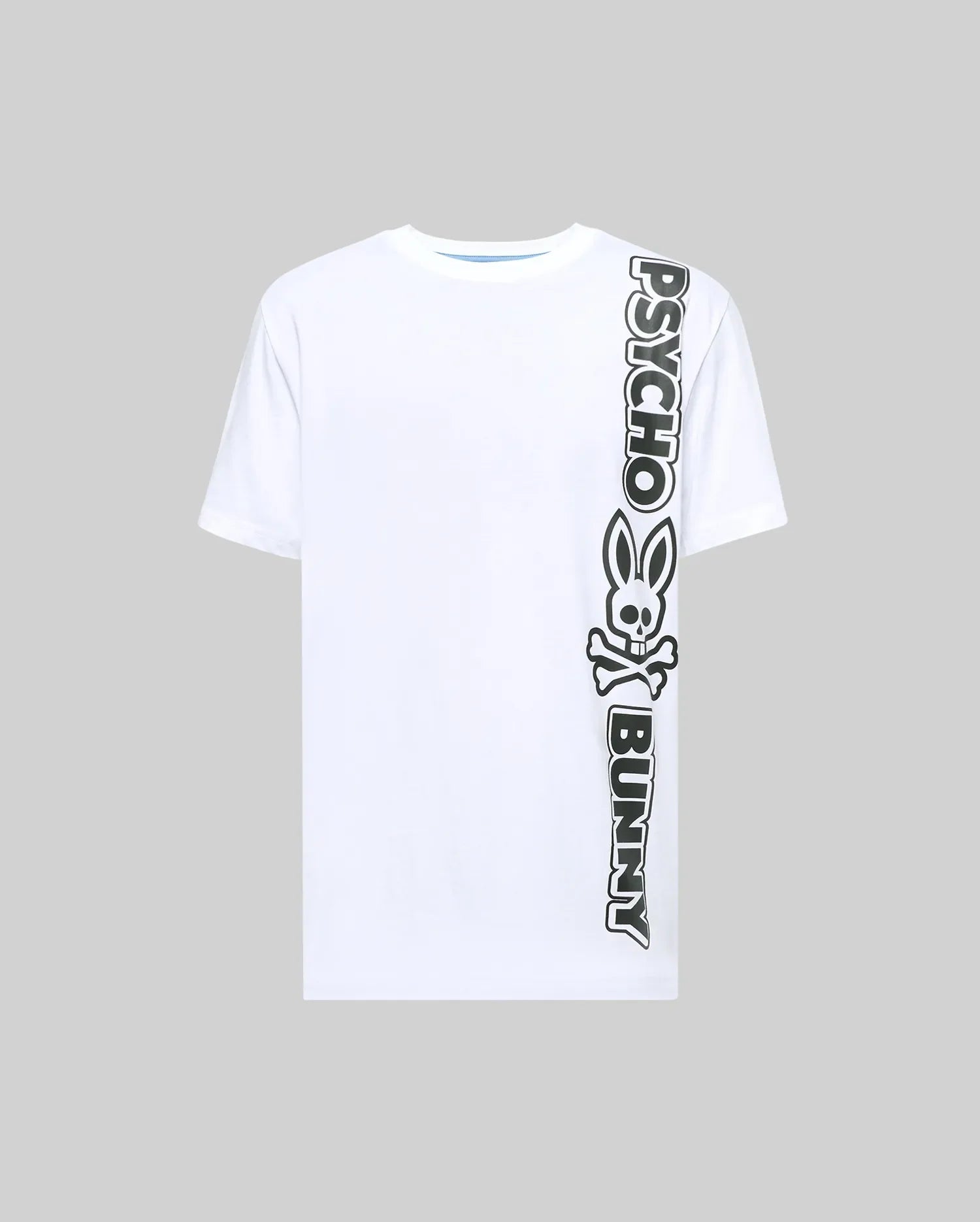 Mens Toby Wordmark Tee, a classic fit white jersey t-shirt with a large vertical black Psycho Bunny wordmark and iconic bunny skull logo graphic on the right side, with light blue neckline stitching. (5)