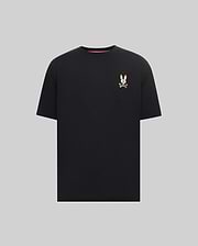 Mens Ara Oversized Tee, a black jersey knit t-shirt with a relaxed fit, featuring a small, vibrant multicolor embroidered Psycho Bunny skull logo on the left chest.
