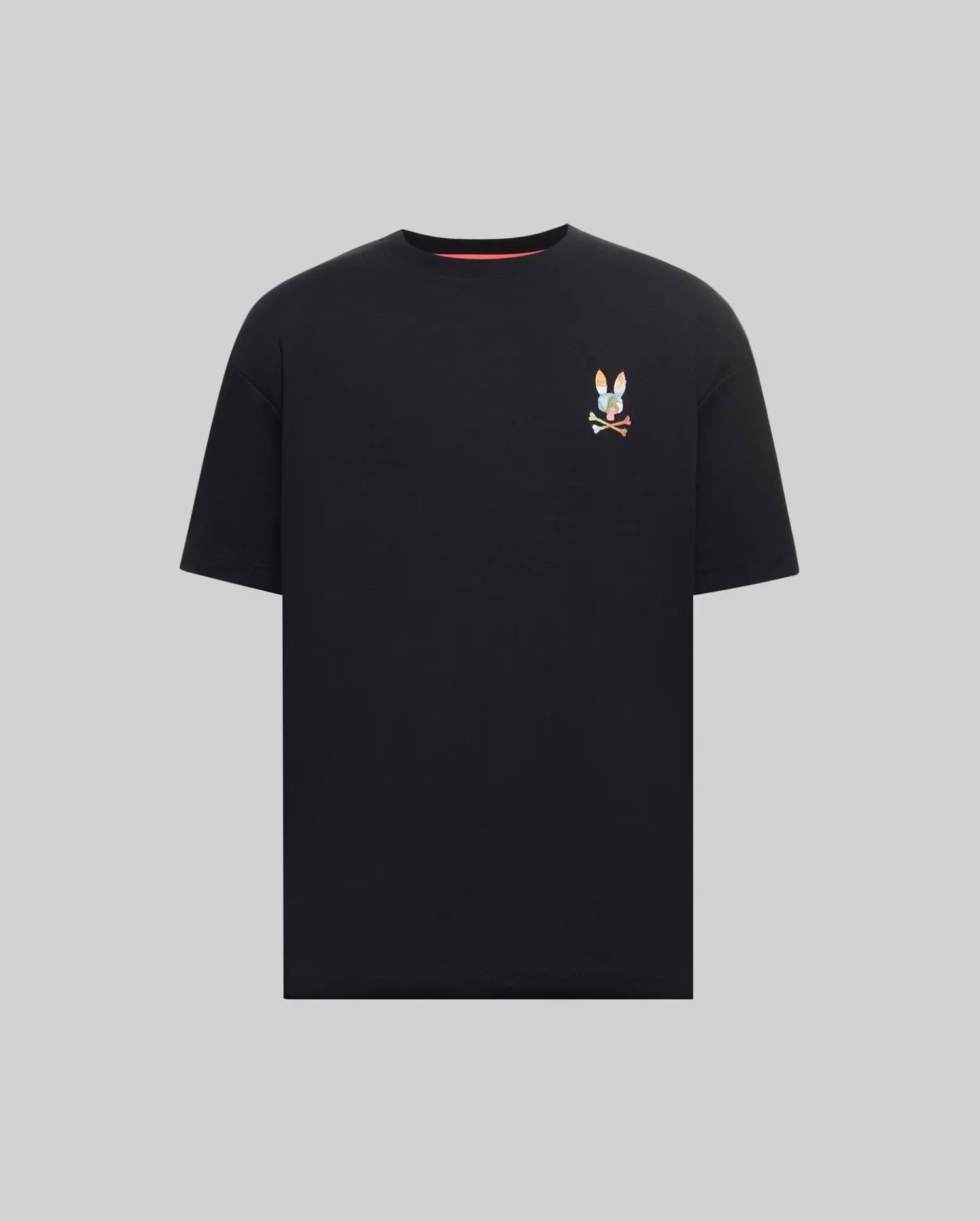Mens Ara Oversized Tee, a black jersey knit t-shirt with a relaxed fit, featuring a small, vibrant multicolor embroidered Psycho Bunny skull logo on the left chest.