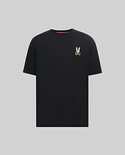 Mens Ara Oversized Tee, a black jersey knit t-shirt with a relaxed fit, featuring a small, vibrant multicolor embroidered Psycho Bunny skull logo on the left chest.