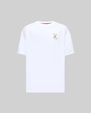 Mens Ara Oversized Tee, a white oversized jersey t-shirt featuring a small, multicolor embroidered Psycho Bunny skull logo on the left chest and subtle red collar trim. (4)