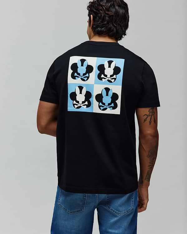 Mens Aiden Back Graphic Tee, black classic fit jersey t-shirt with a large back graphic featuring a checkerboard of light blue and white squares, each containing a black or white Psycho Bunny skull logo. (1)