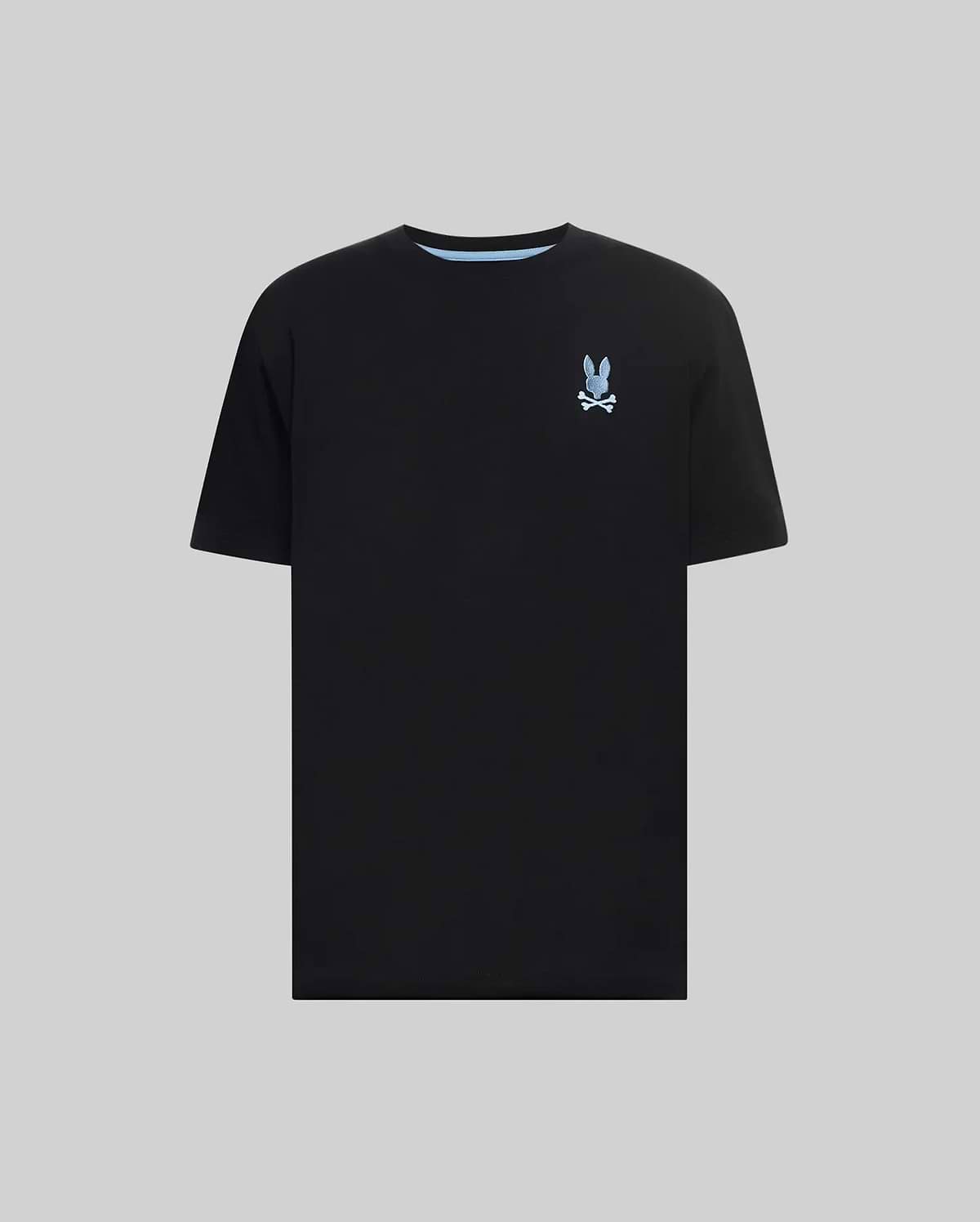 Mens Aiden Back Graphic Tee, black classic fit jersey t-shirt featuring a small light blue embroidered Psycho Bunny skull logo on the left chest and light blue inner collar trim. (5)