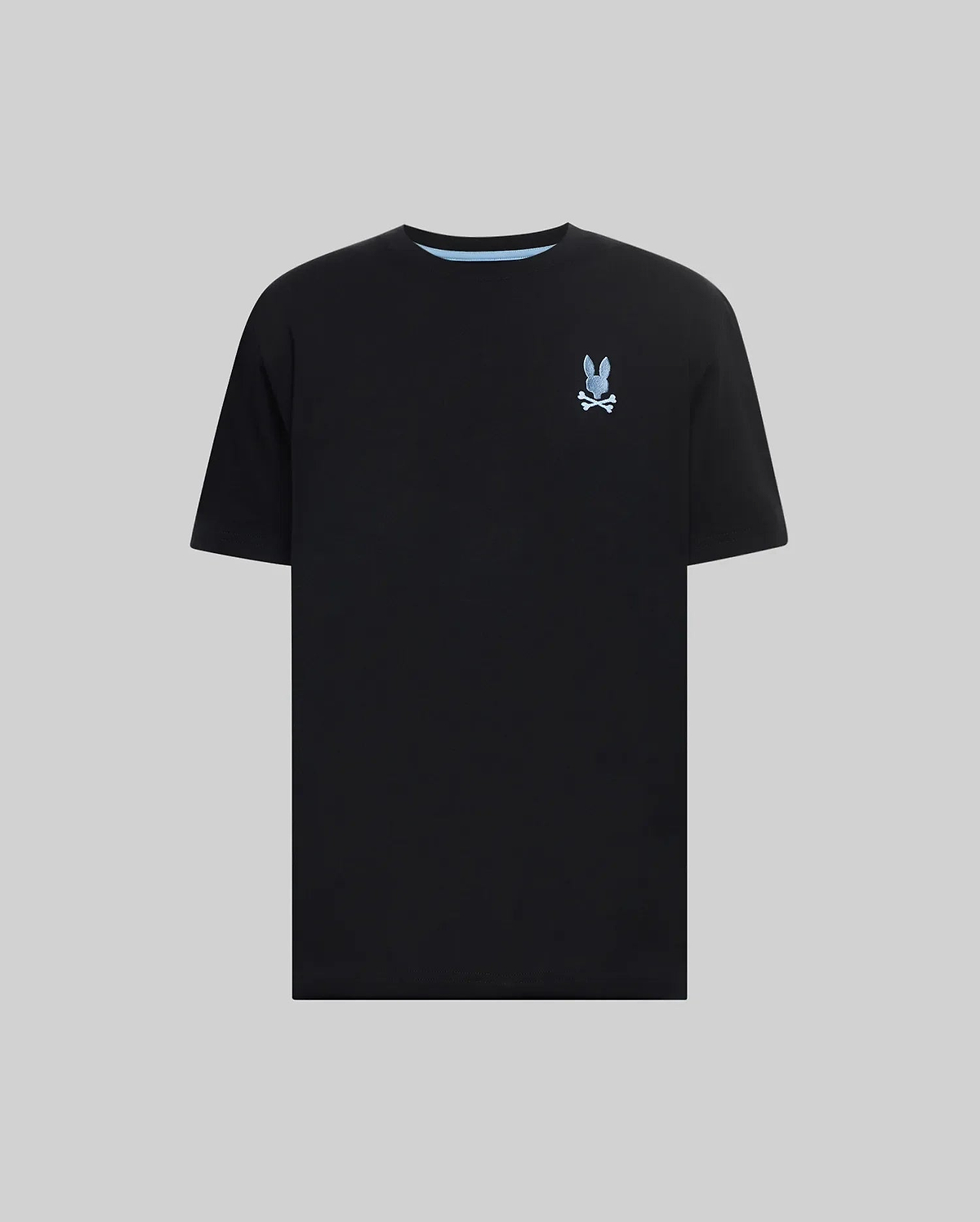 Mens Aiden Back Graphic Tee, black classic fit jersey t-shirt featuring a small light blue embroidered Psycho Bunny skull logo on the left chest and light blue inner collar trim. (5)