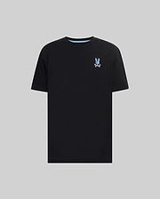 Mens Aiden Back Graphic Tee, black classic fit jersey t-shirt featuring a small light blue embroidered Psycho Bunny skull logo on the left chest and light blue inner collar trim. (5)