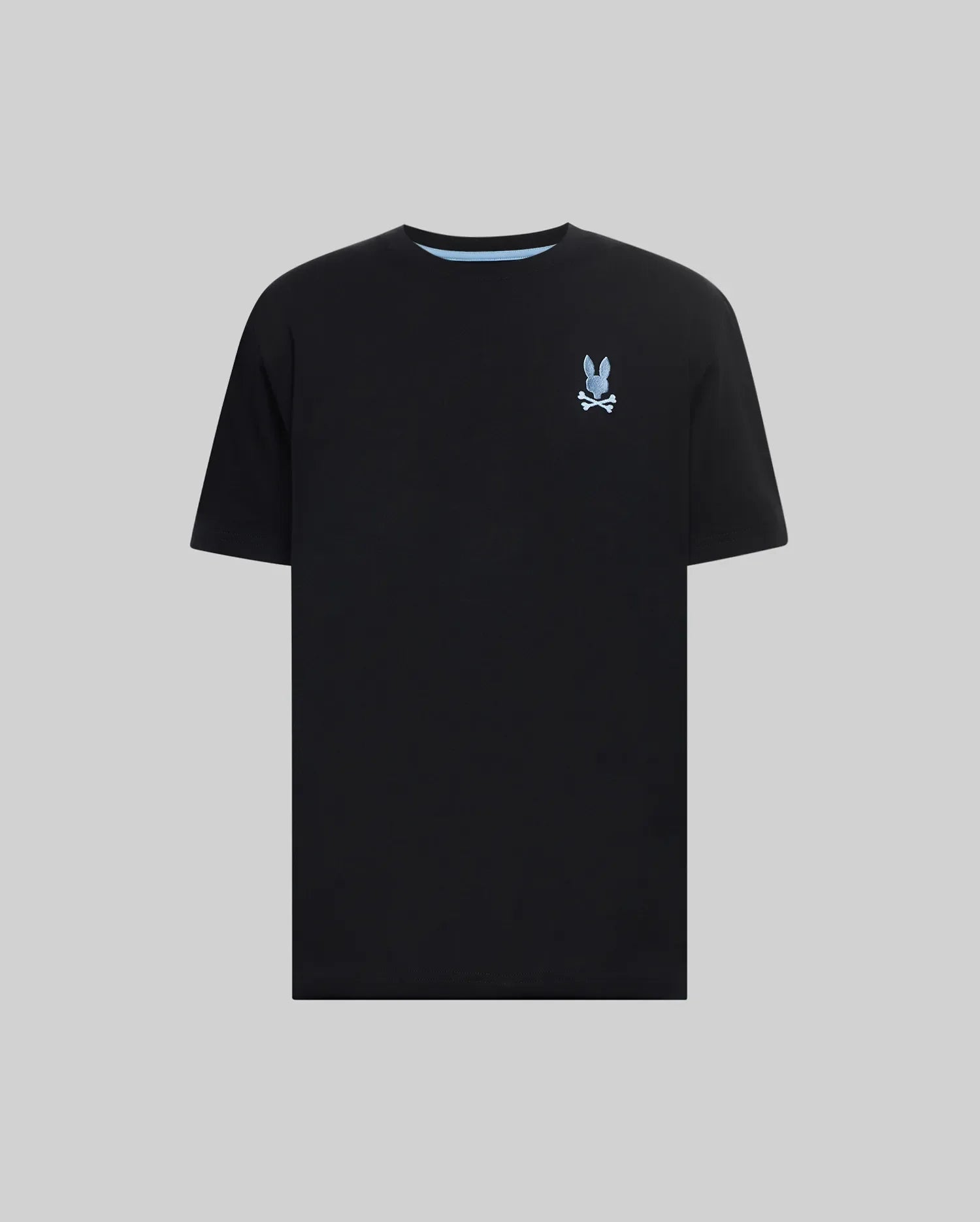 Mens Aiden Back Graphic Tee, black classic fit jersey t-shirt featuring a small light blue embroidered Psycho Bunny skull logo on the left chest and light blue inner collar trim. (5)