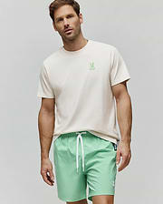 Mens Aiden Back Graphic Tee, a cream jersey t-shirt with a small green embroidered Psycho Bunny chest logo, and mint green swim shorts with a white drawstring and small white embroidered bunny logo. (2)