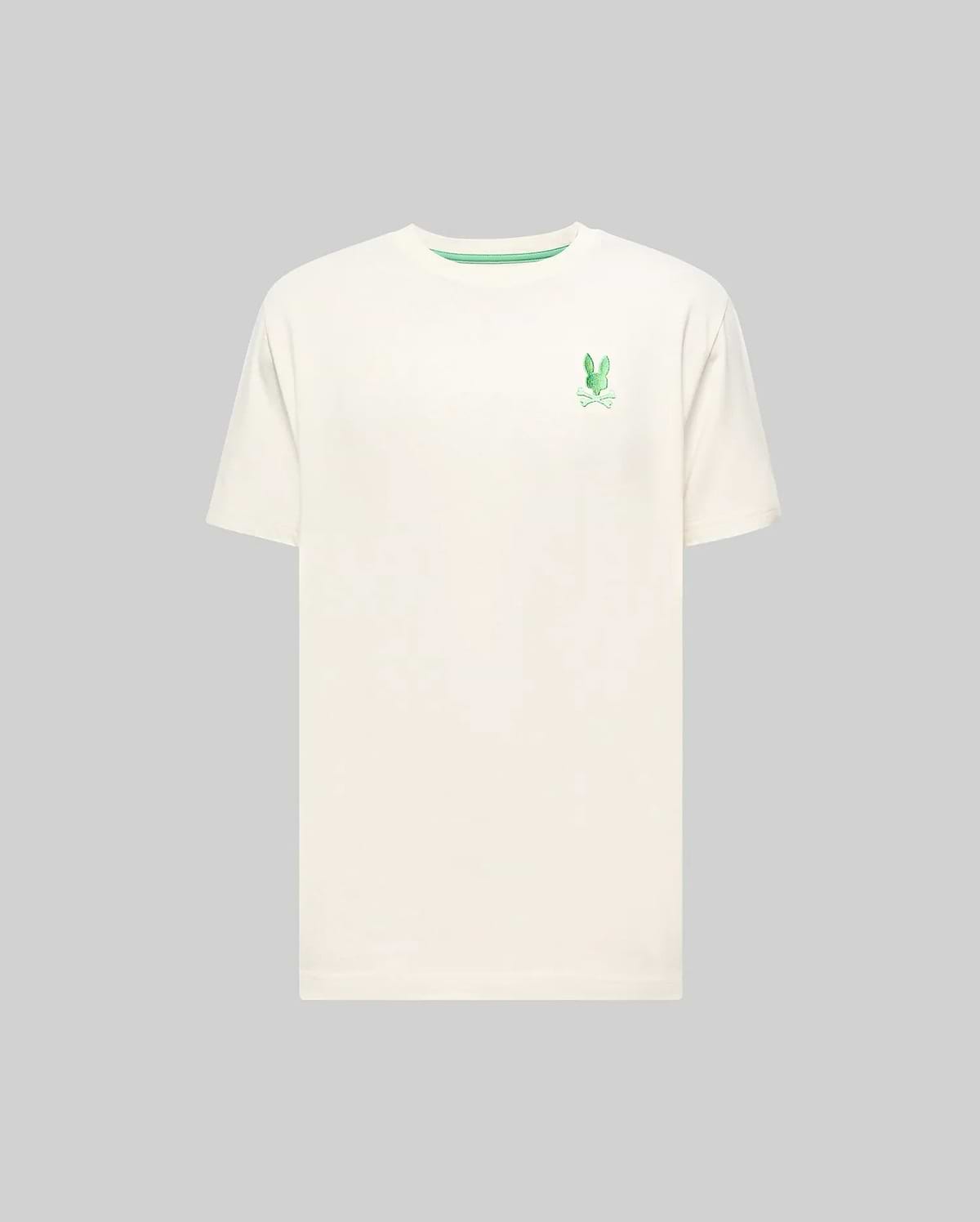 Mens Aiden Back Graphic Tee, a classic fit cream jersey t-shirt featuring a small embroidered green Psycho Bunny skull logo on the left chest and a green inner collar stripe. (5)