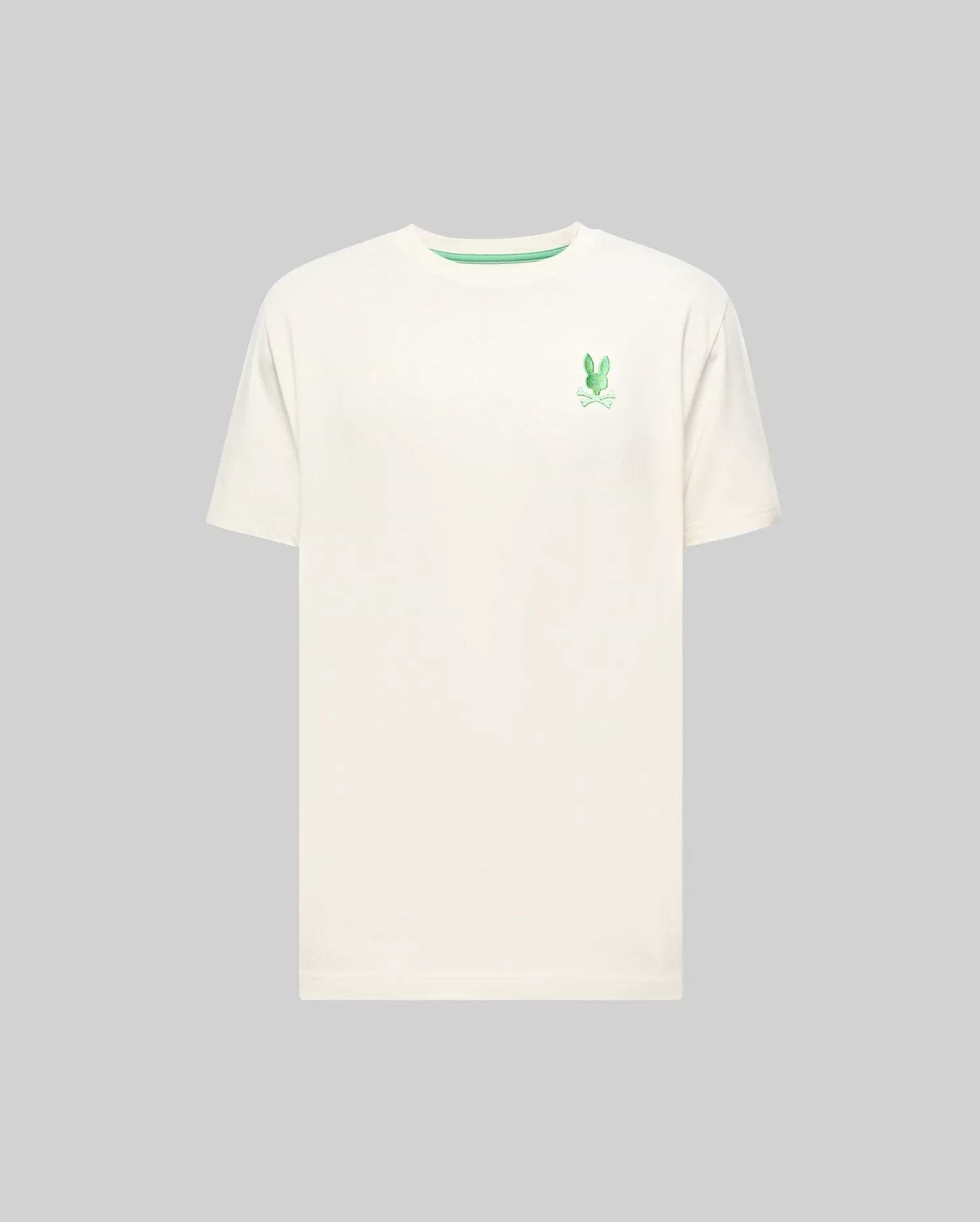 Mens Aiden Back Graphic Tee, a classic fit cream jersey t-shirt featuring a small embroidered green Psycho Bunny skull logo on the left chest and a green inner collar stripe. (5)