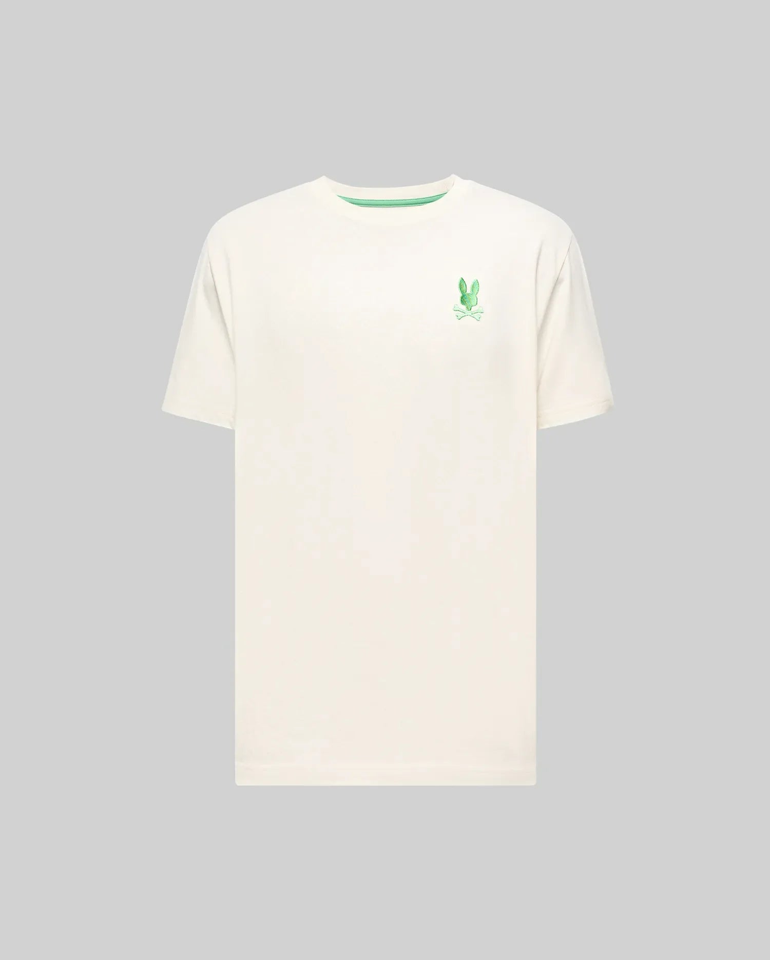 Mens Aiden Back Graphic Tee, a classic fit cream jersey t-shirt featuring a small embroidered green Psycho Bunny skull logo on the left chest and a green inner collar stripe. (5)