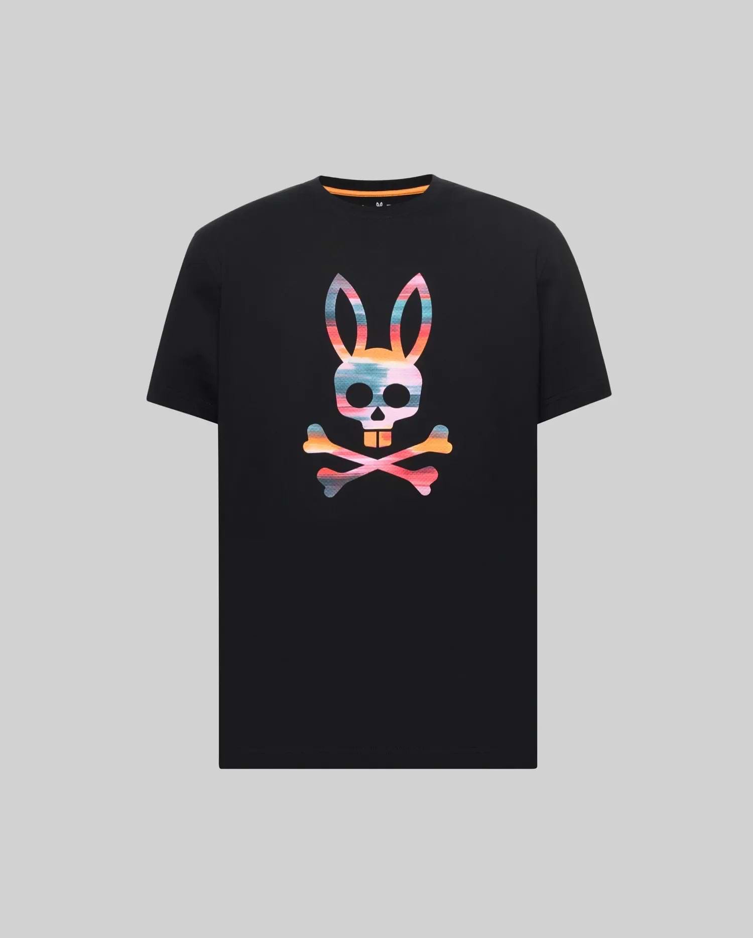 Mens Raphael Graphic Tee, black classic fit jersey t-shirt with a large, vibrant multi-color striped Psycho Bunny skull and crossbones logo centered on the chest, featuring an orange inner collar trim. (1)