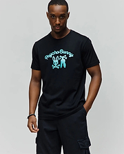 Black Mens Aram Graphic Tee in classic fit jersey, featuring a large teal gradient Psycho Bunny skull and crossbones logo with script text on the chest. (2)