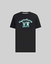 Mens Aram Graphic Tee, a classic fit black jersey t-shirt featuring a large central teal Psycho Bunny script logo and iconic bunny skull graphic. (1)