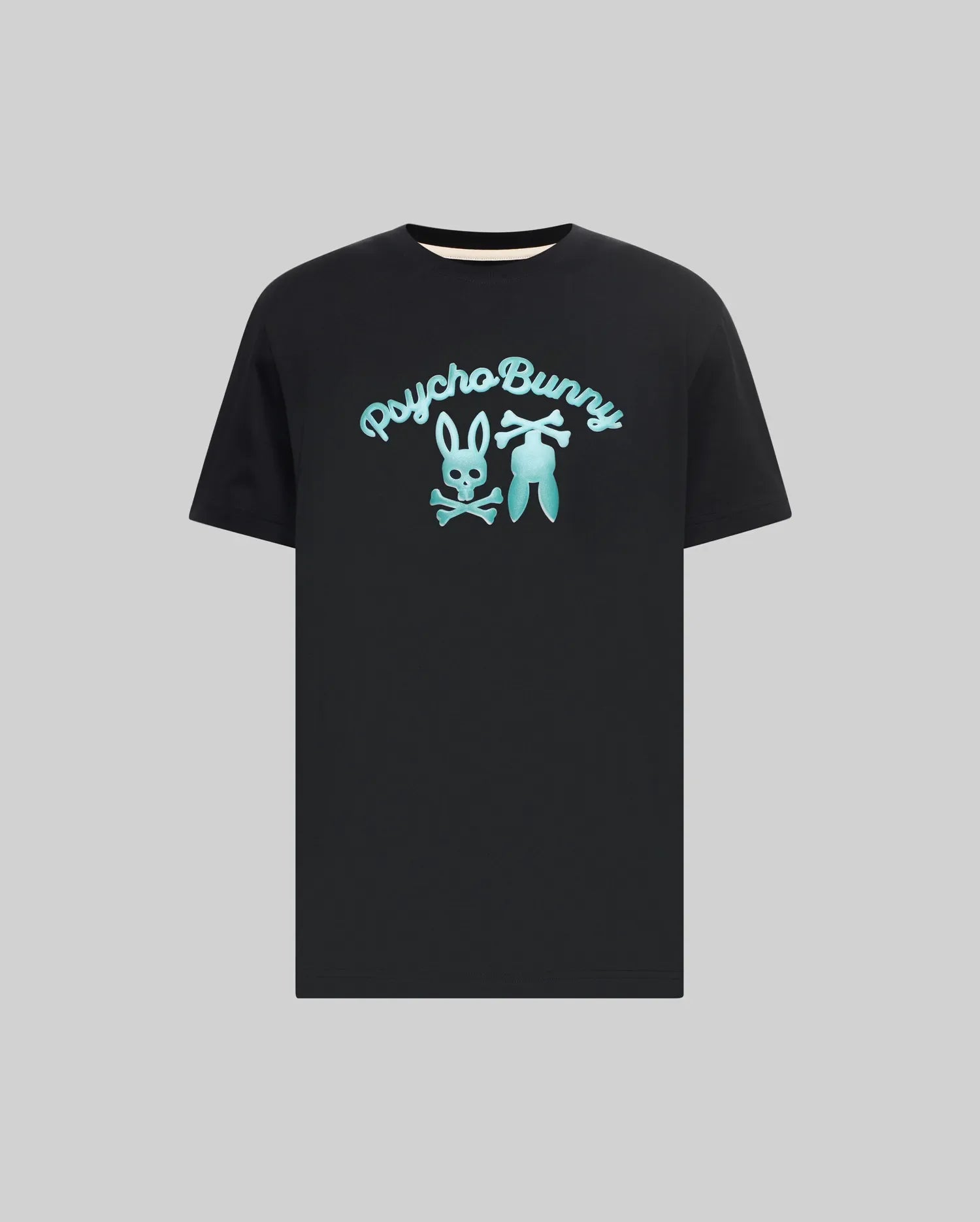 Mens Aram Graphic Tee, a classic fit black jersey t-shirt featuring a large central teal Psycho Bunny script logo and iconic bunny skull graphic. (1)