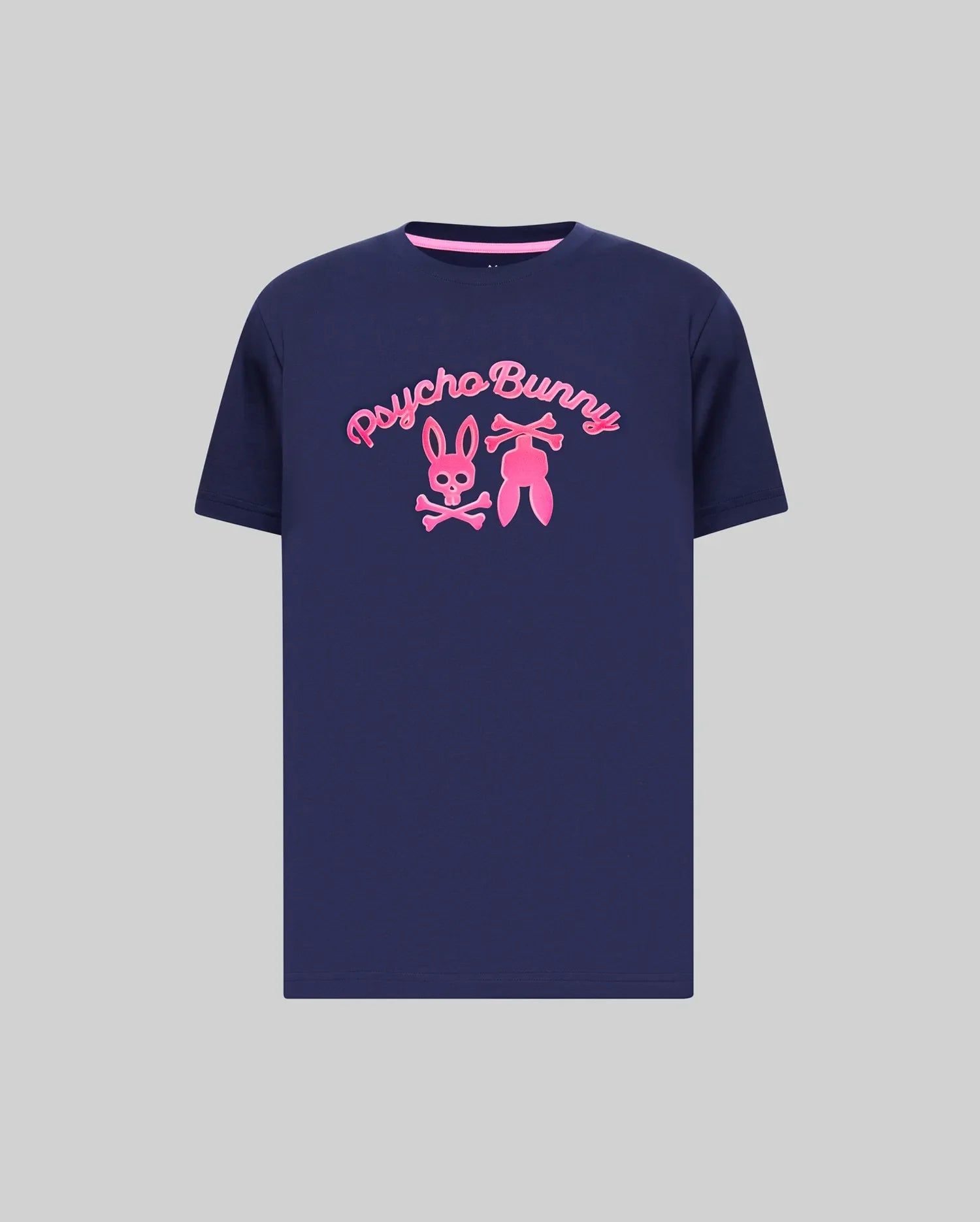 Mens Aram Graphic Tee, a classic fit navy blue jersey t-shirt featuring a large, central bright pink puff print of the Psycho Bunny script and iconic bunny skull logo, with a pink inner collar trim. (1)