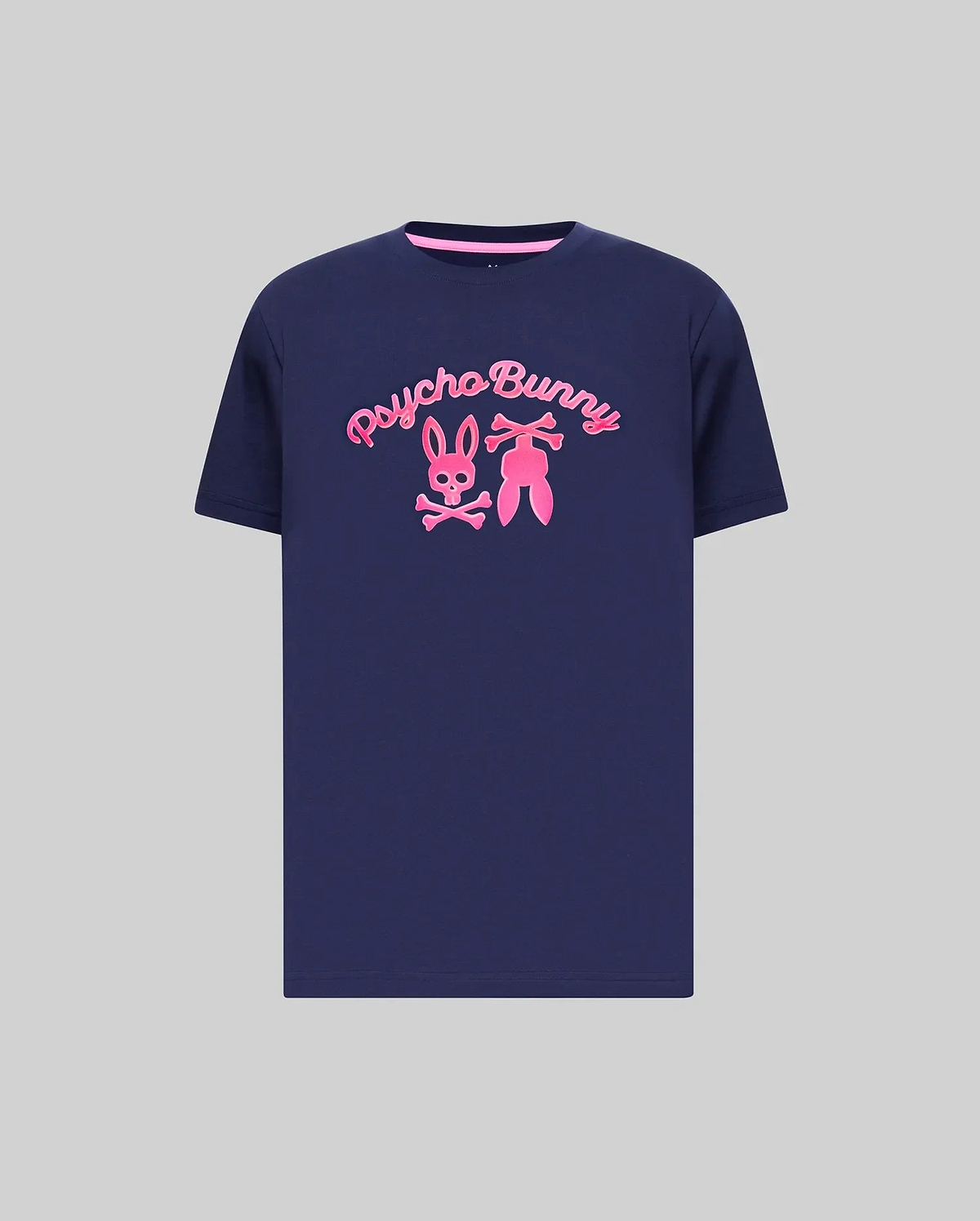 Mens Aram Graphic Tee, a classic fit navy blue jersey t-shirt featuring a large, central bright pink puff print of the Psycho Bunny script and iconic bunny skull logo, with a pink inner collar trim. (1)