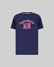 Mens Aram Graphic Tee, a classic fit navy blue jersey t-shirt featuring a large, central bright pink puff print of the Psycho Bunny script and iconic bunny skull logo, with a pink inner collar trim. (1)