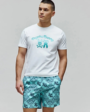 Mens Aram Graphic Tee in classic fit white jersey, featuring a large central chest graphic with Psycho Bunny script, the iconic bunny skull, and bunny tail elements in a vibrant teal gradient. (2)