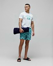 Mens Aram Graphic Tee, white jersey with a large teal gradient Psycho Bunny skull logo, paired with teal bandana print swim shorts featuring small bunny skulls, and black logo slides. (4)