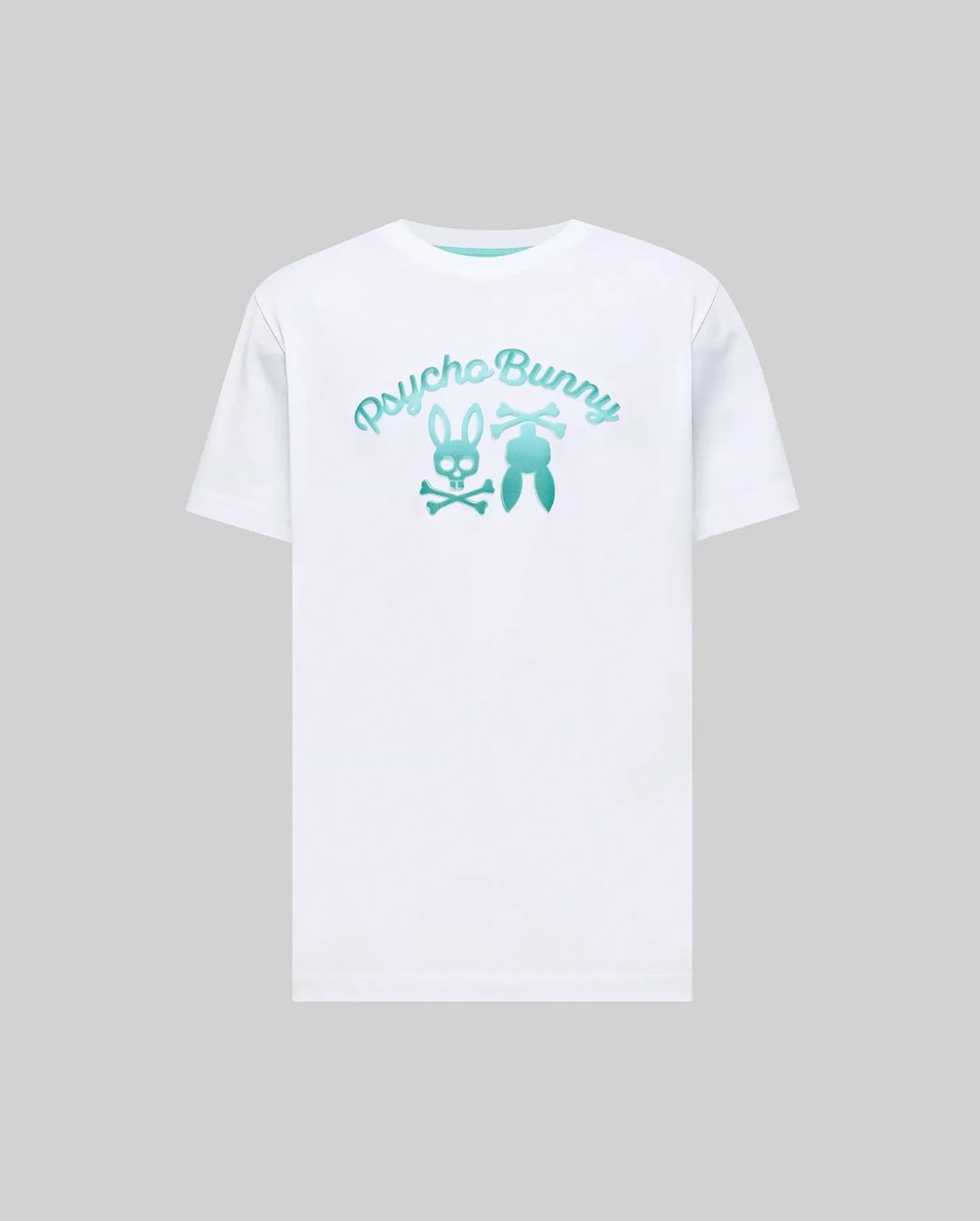 Mens Aram Graphic Tee, white classic fit jersey t-shirt featuring a large center chest teal to aqua gradient Psycho Bunny script and iconic bunny skull and ears graphic. (1)