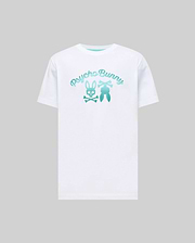 Mens Aram Graphic Tee, white classic fit jersey t-shirt featuring a large center chest teal to aqua gradient Psycho Bunny script and iconic bunny skull and ears graphic. (1)