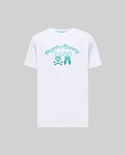 Mens Aram Graphic Tee, white classic fit jersey t-shirt featuring a large center chest teal to aqua gradient Psycho Bunny script and iconic bunny skull and ears graphic. (1)