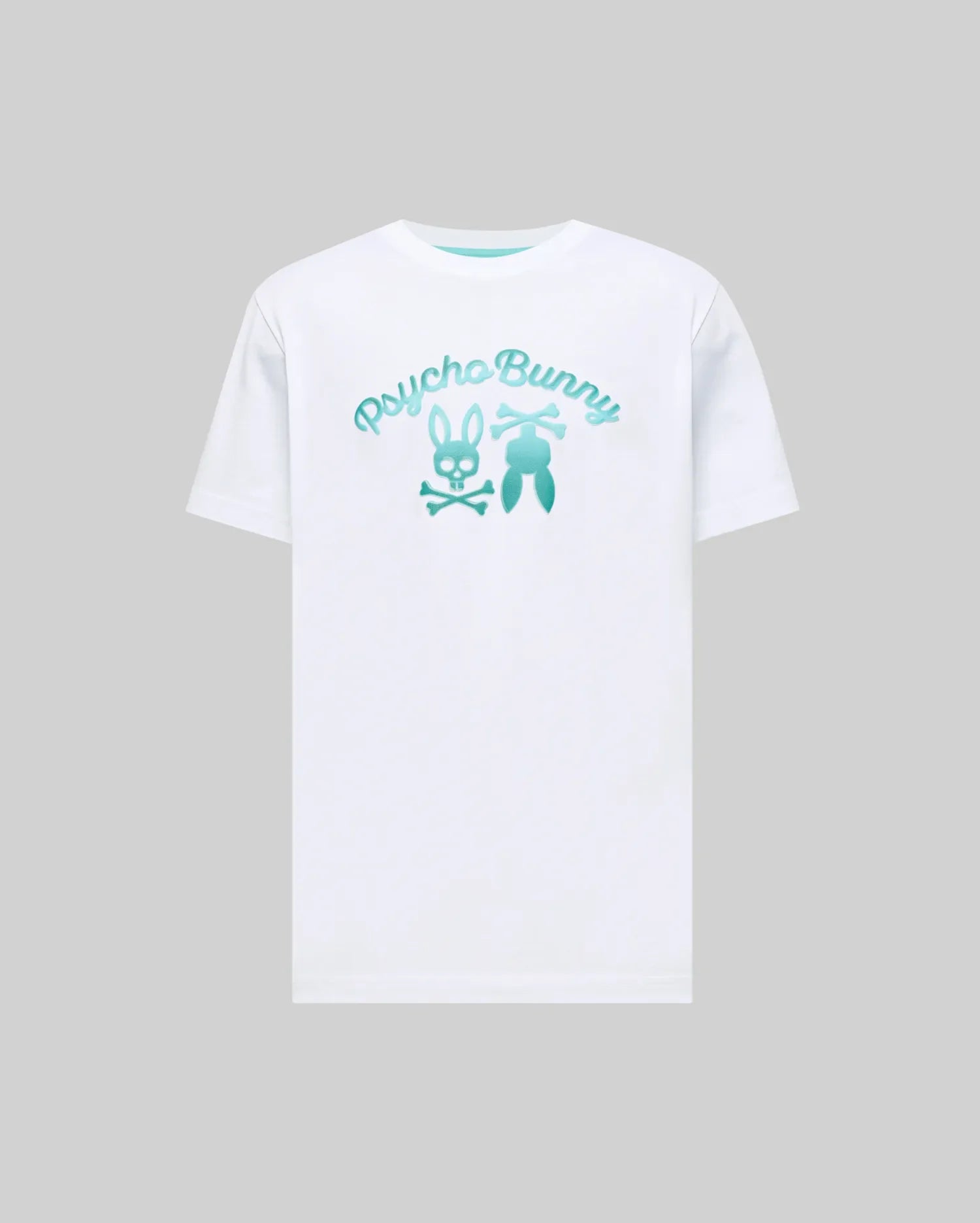 Mens Aram Graphic Tee, white classic fit jersey t-shirt featuring a large center chest teal to aqua gradient Psycho Bunny script and iconic bunny skull and ears graphic. (1)