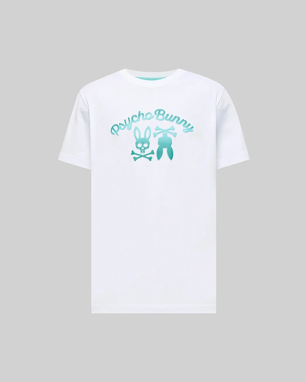 Mens Aram Graphic Tee, white classic fit jersey t-shirt featuring a large center chest teal to aqua gradient Psycho Bunny script and iconic bunny skull and ears graphic.