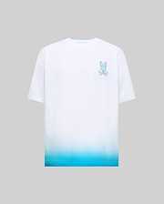 Mens Dax Oversized Tee, white jersey knit with a blue ombre fade, featuring a small embroidered blue Psycho Bunny skull logo on the left chest. (4)